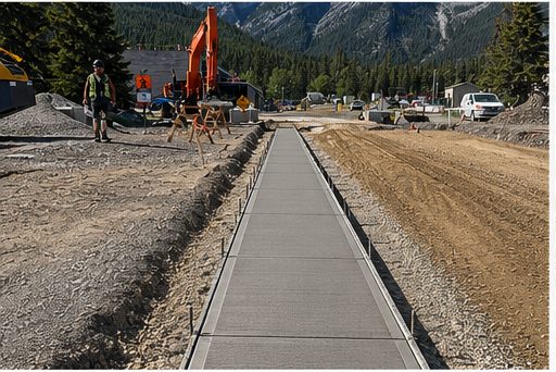Long formed commercial concrete pathway pour with rebar and edge forms in a Rocky Mountain community by SiteWorx Concrete