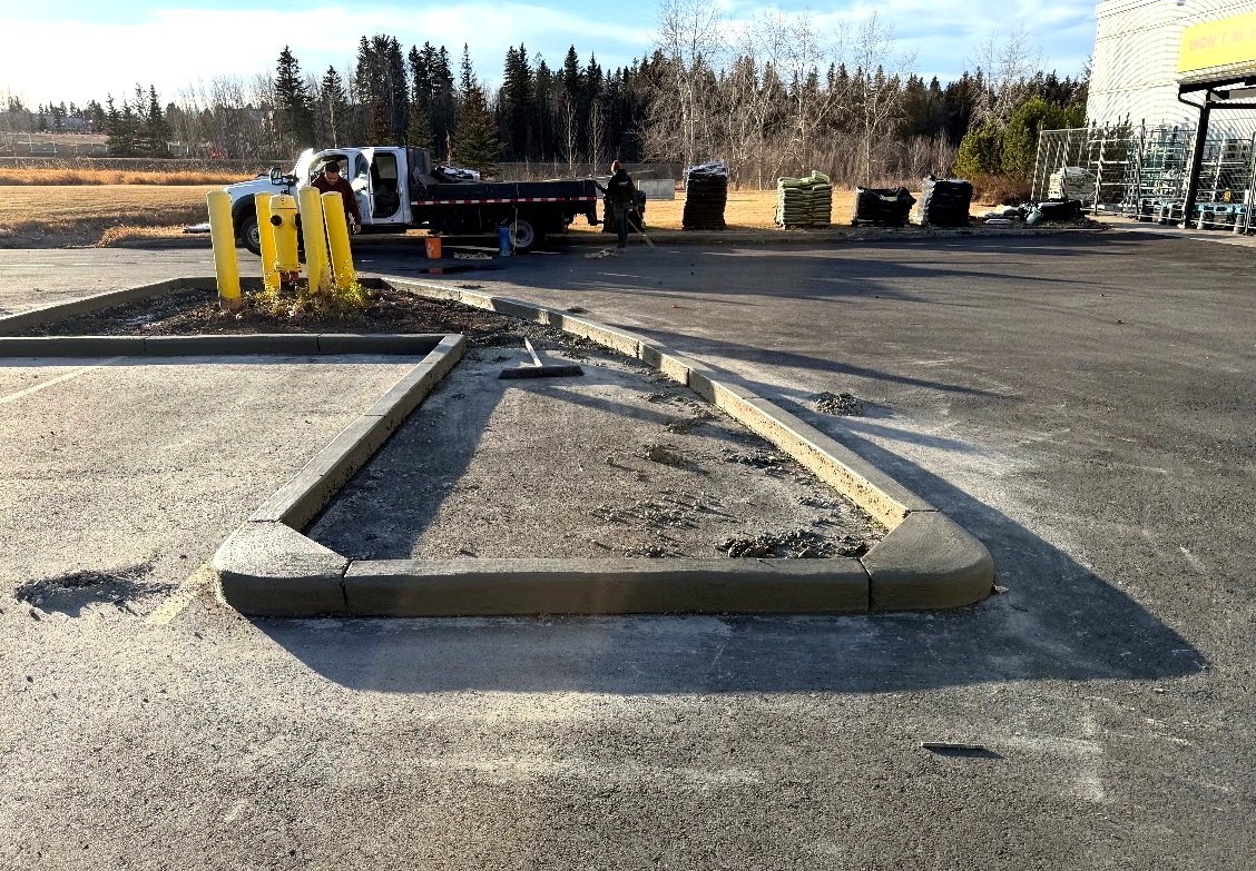 Newly poured concrete parking lot curb islands with rounded ends and yellow bollard posts at a commercial retail plaza, installed by SiteWorx Concrete