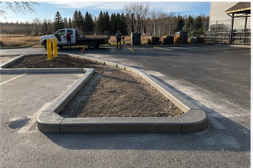 Formed commercial concrete parking lot curb and landscape island with rounded ends completed by SiteWorx Concrete
