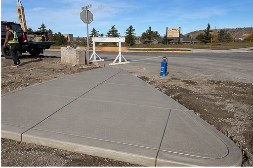 Concrete sidewalk apron and curb crossing at a Cochrane, Alberta commercial entrance completed by SiteWorx Concrete