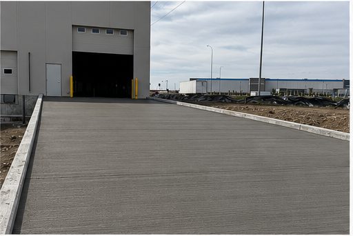 Wide broom-finished commercial concrete driveway apron leading into a warehouse loading bay installed by SiteWorx Concrete Calgary
