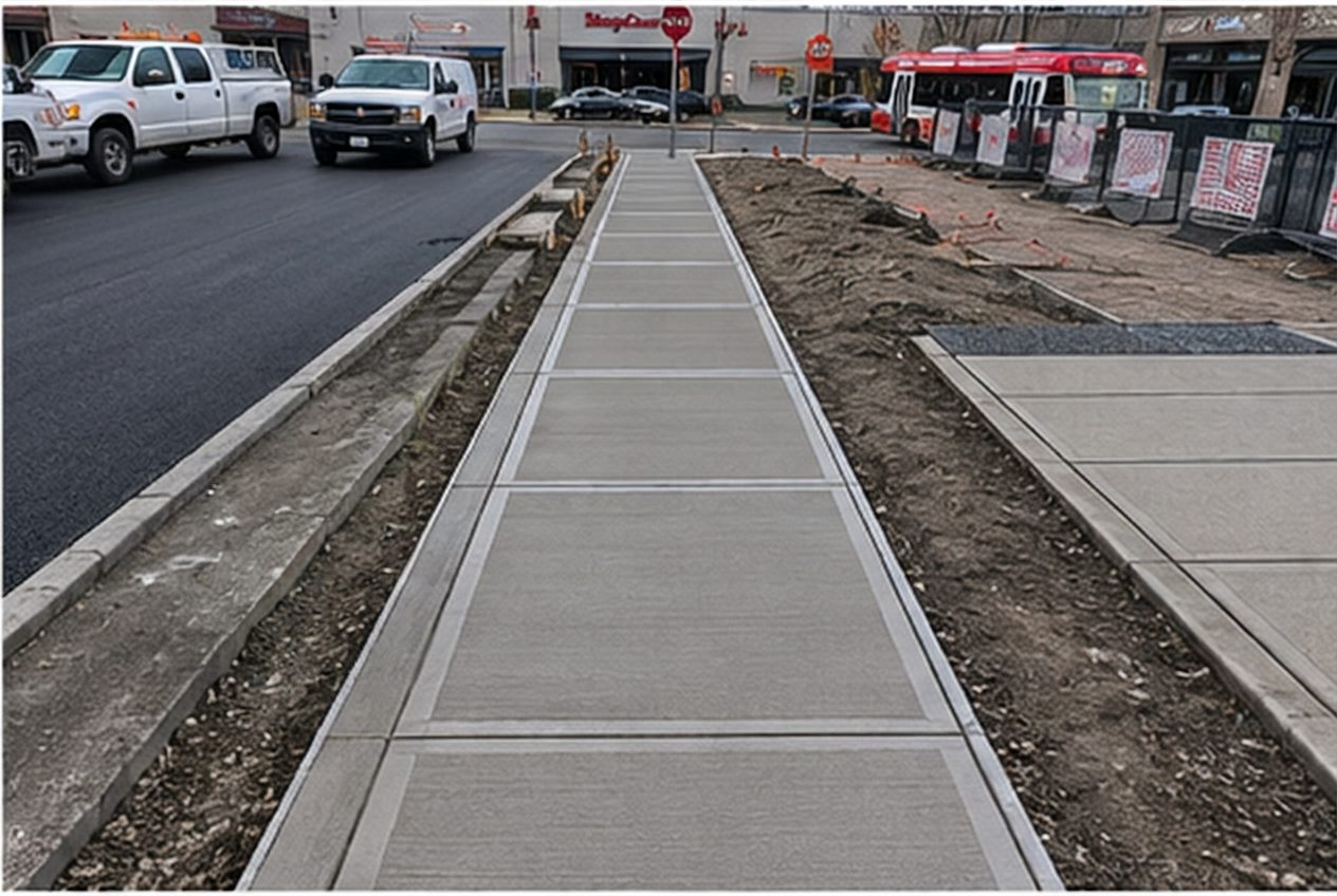 Panelled commercial concrete sidewalk with clean control joints along a retail plaza installed by SiteWorx Concrete
