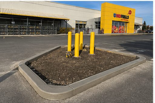 Concrete curb, bollards, and landscape island in a No Frills grocery store parking lot by SiteWorx Concrete